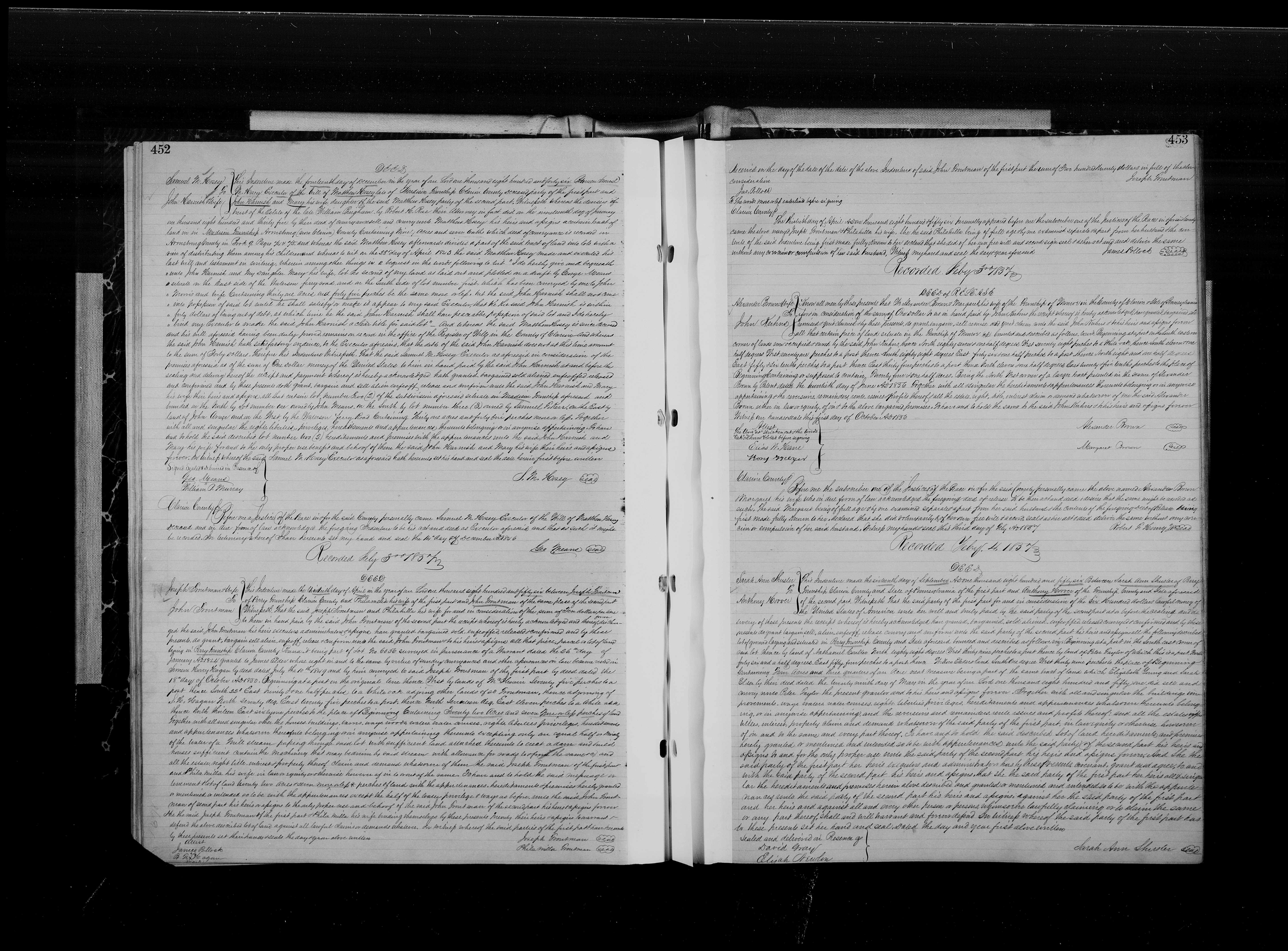 Clarion County deed book pages 452 and 453, with the Sarah Ann Shuster to Anthony Hoover deed at the bottom of the right-hand page