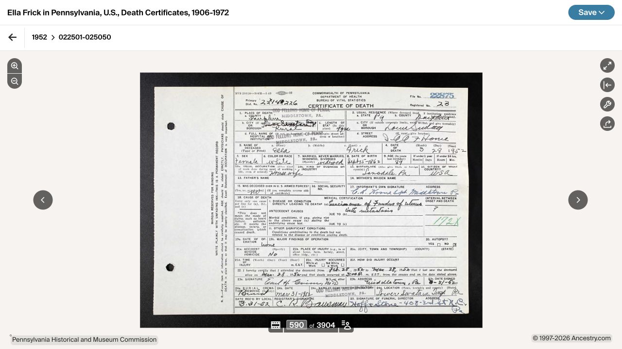 1952 Pennsylvania death certificate for Ella Frick