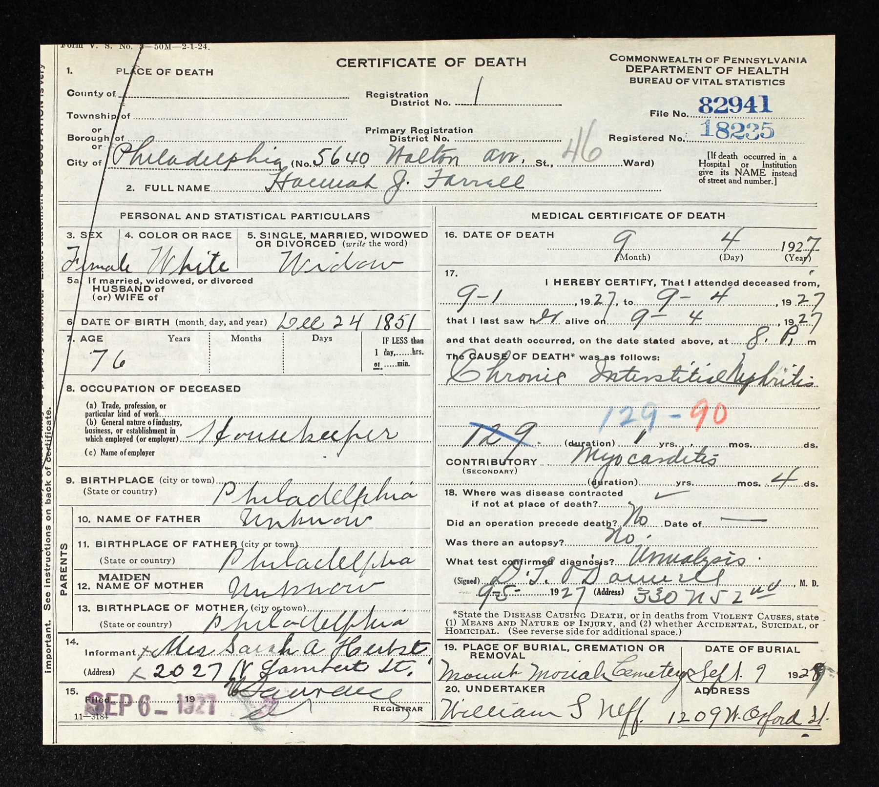 1927 Pennsylvania death certificate for Hannah J. Farrell