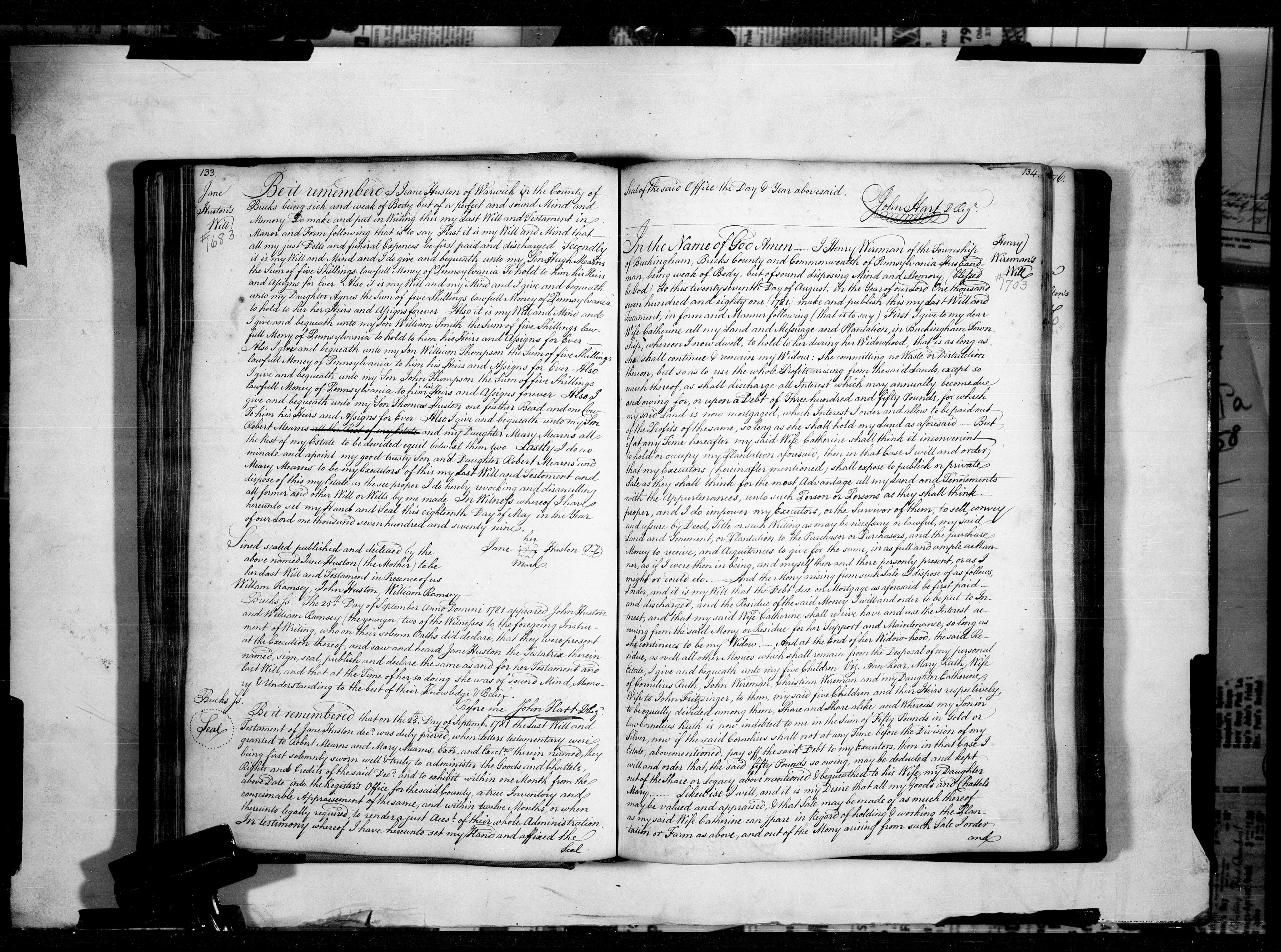 Page 134 of Bucks County Will Book 4 containing the beginning of Henry Wireman's 1781 will