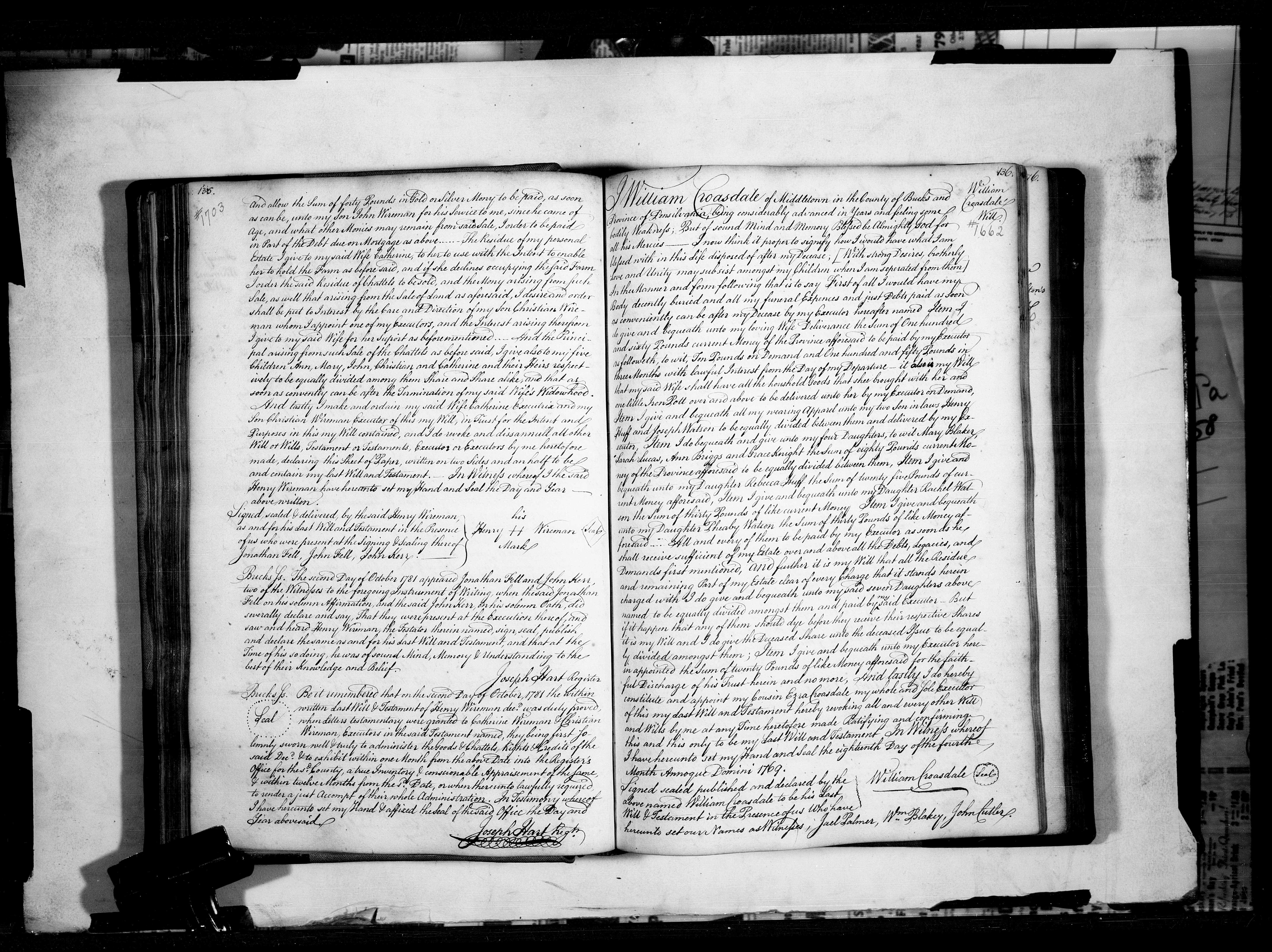 Page 135 of Bucks County Will Book 4 containing the conclusion and probate of Henry Wireman's 1781 will