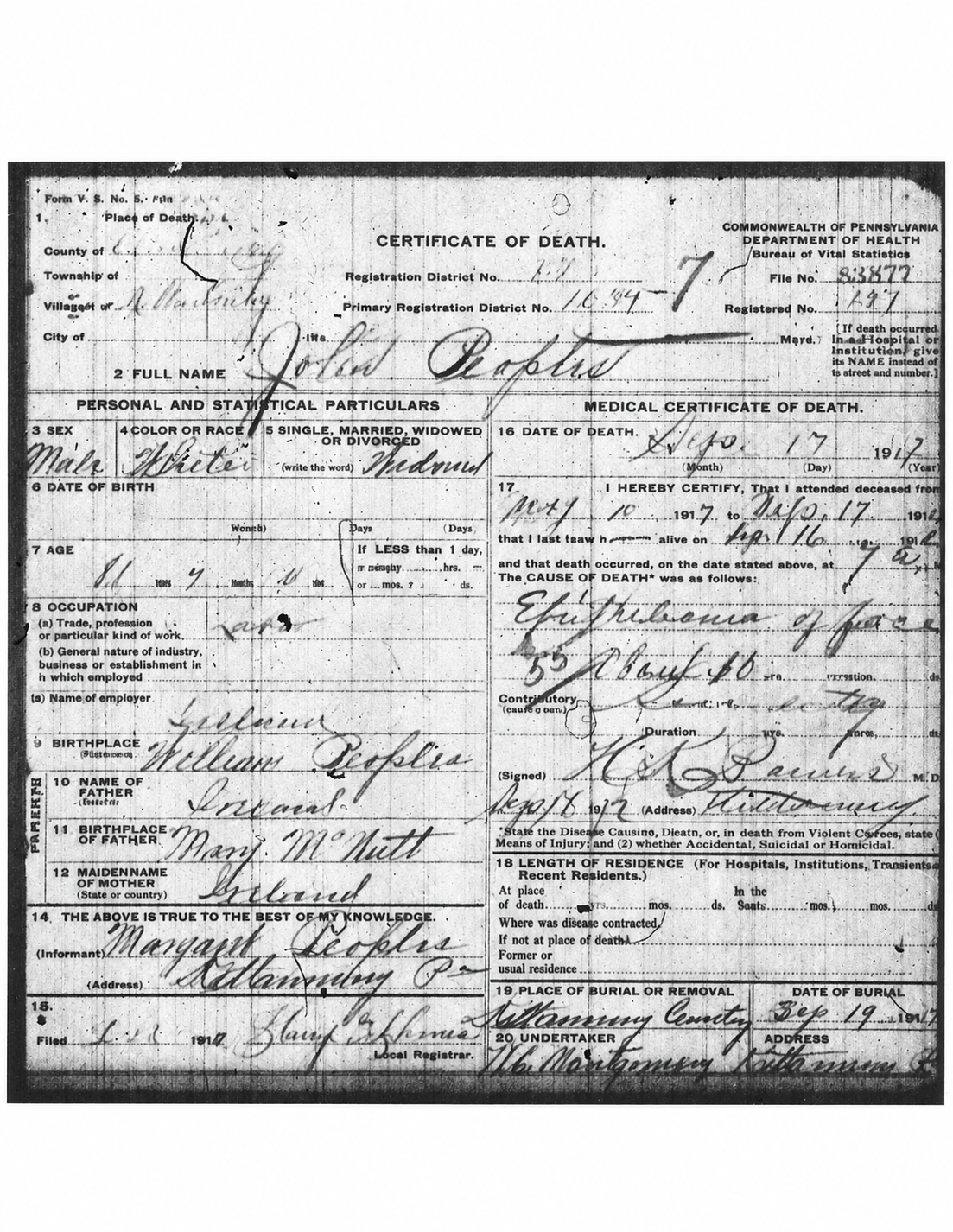 Enhanced viewing copy of John Peoples's Pennsylvania death certificate