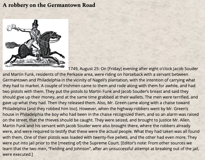 English translation titled A robbery on the Germantown Road, describing the 1749 robbery of Martin Funk and Jacob Souder