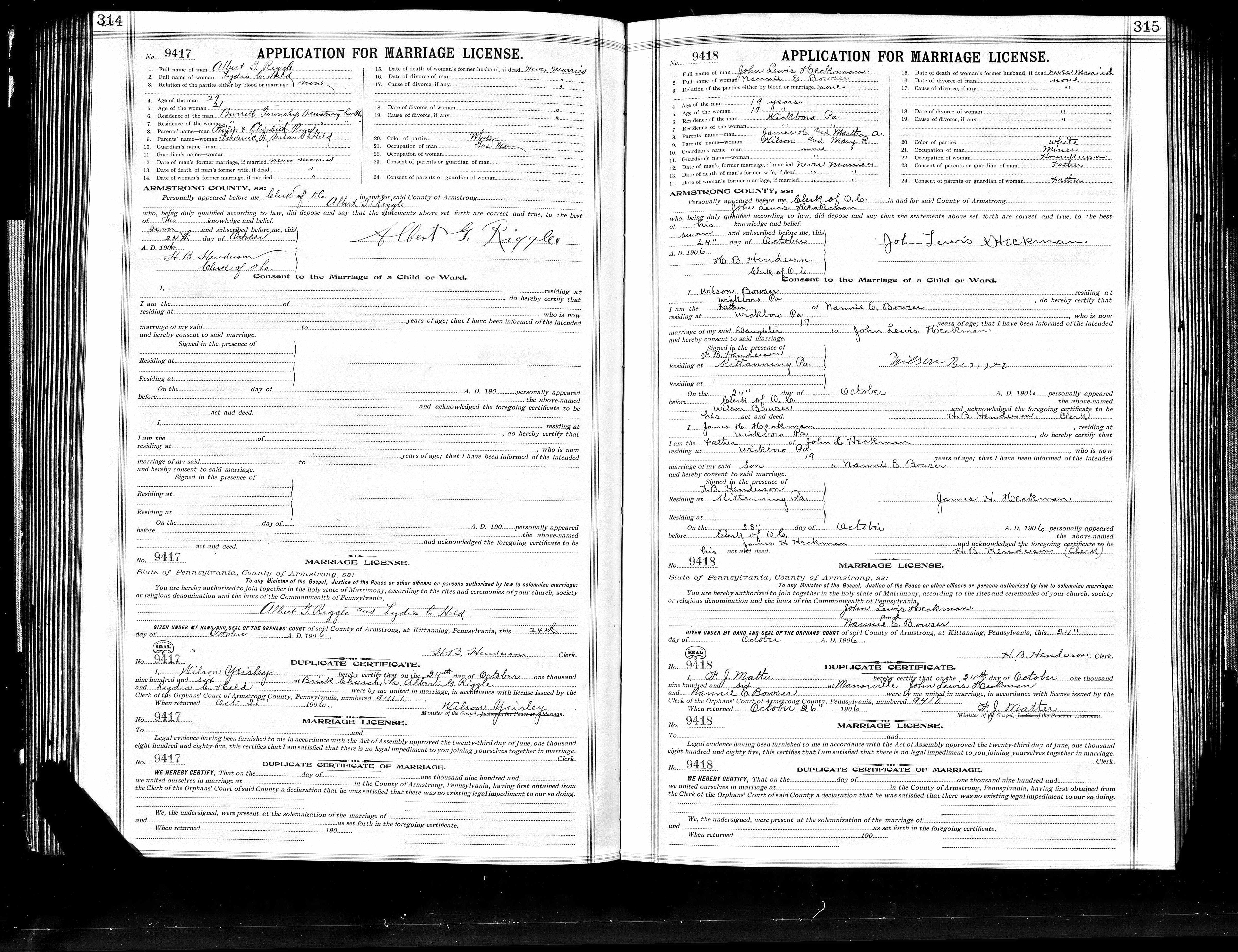 John Louis “Happy” Heckman and Nannie E. Bowser's marriage record is on the right-hand page, license 9418. Both fathers' consent entries survive beneath the application.