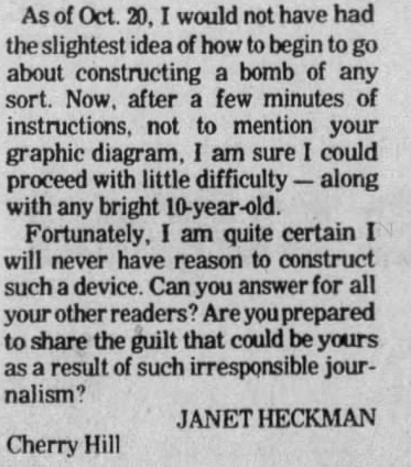 Courier-Post, 28 October 1976, p. 16. Janet Heckman’s letter under “Bomb: An irresponsible depiction.”