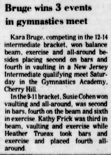 Courier-Post, 24 October 1977, p. 32. “Bruge wins 3 events in gymnastics meet.”