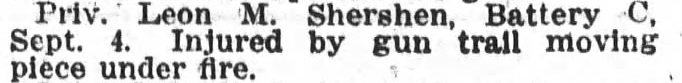 The Times Leader, 22 October 1918, p. 10. Entry for Priv. Leon M. Shershen, Battery C.