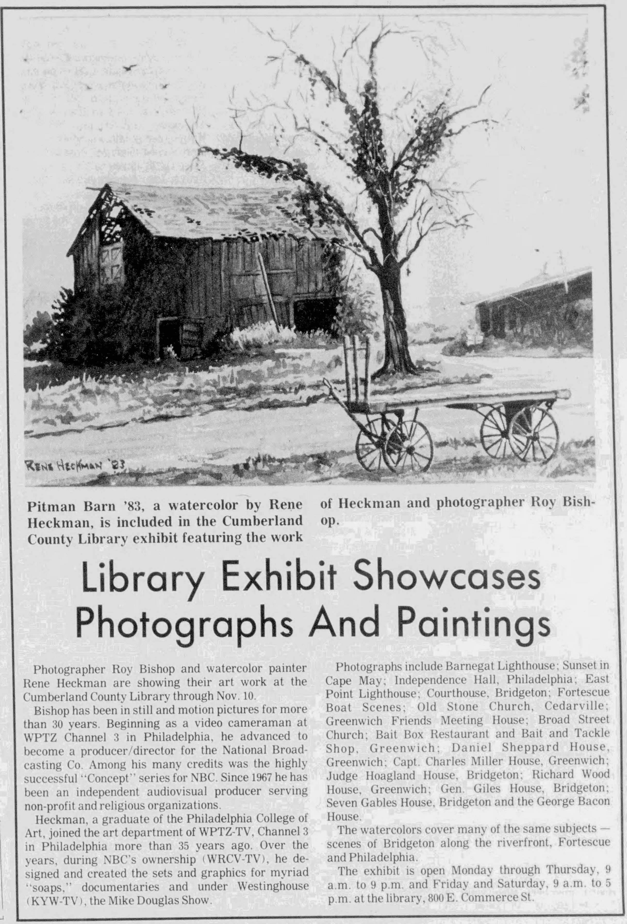 News of Cumberland County, 23 October 1984, p. 5. “Library Exhibit Showcases Photographs And Paintings.”