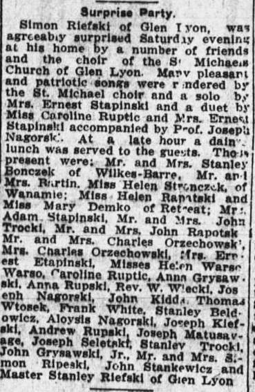The Evening News, 31 October 1911, p. 15. “Surprise Party.”