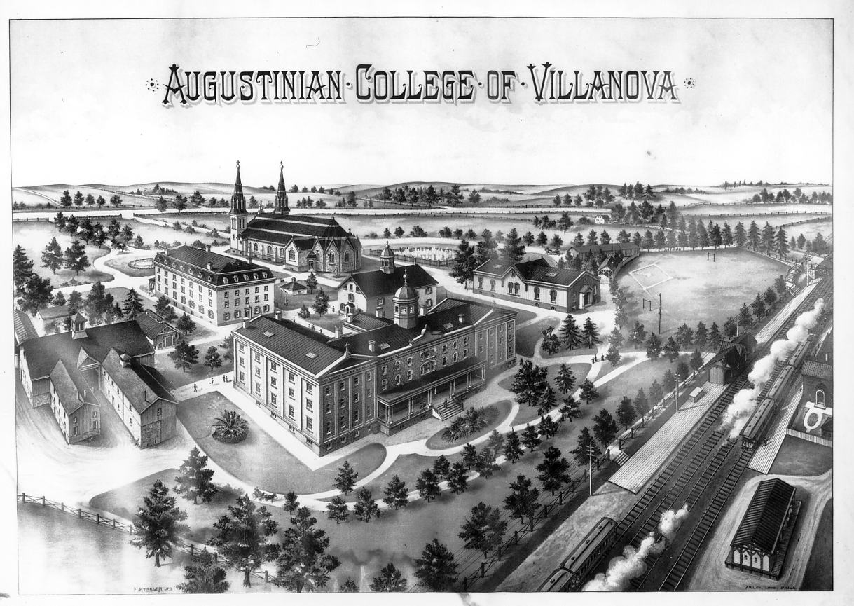 Historic view, circa 1890. St. Thomas of Villanova Church appears behind the college buildings, identifiable by its twin spires. This panoramic illustration is the earliest dated image located for this article. Villanova University Archives.