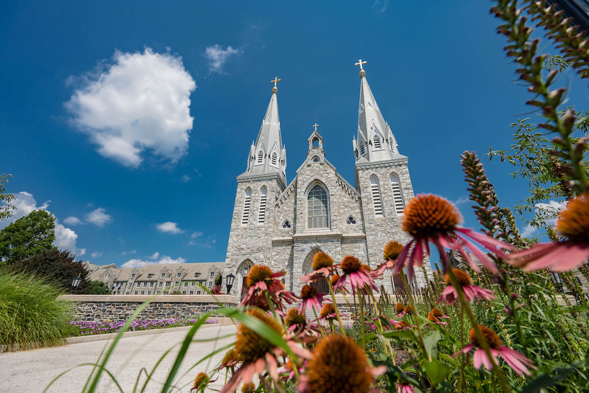St. Thomas of Villanova Church in color. Photograph currently displayed on Villanova University’s Sacred Spaces webpage; the page does not state the photograph’s capture date. Photo: Villanova University.