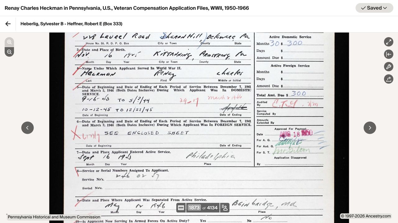 Renay Charles Heckman's signed Pennsylvania World War II compensation application