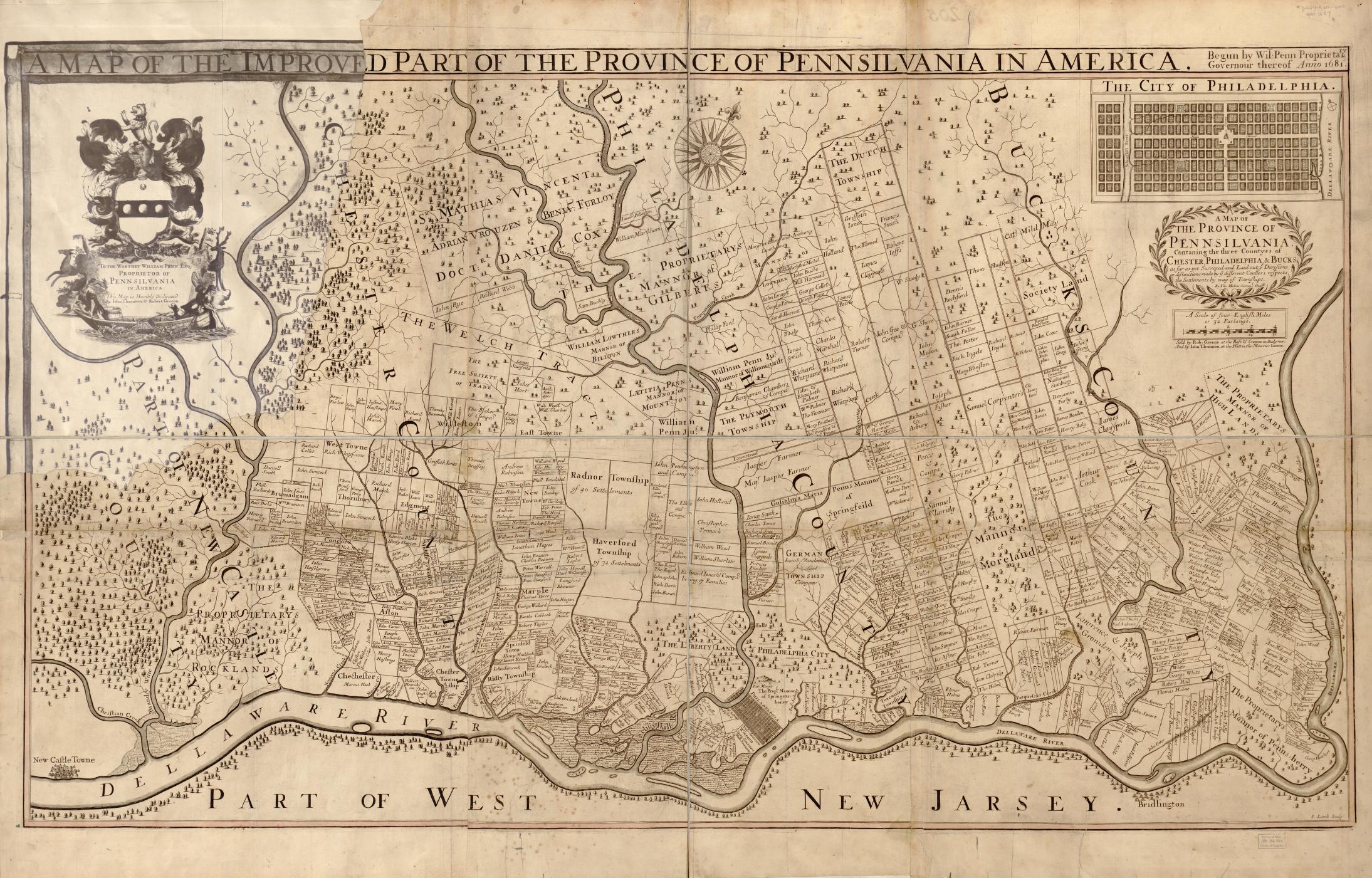 Thomas Holme's 1687 map of Pennsylvania showing Philadelphia, Bucks, and Chester Counties