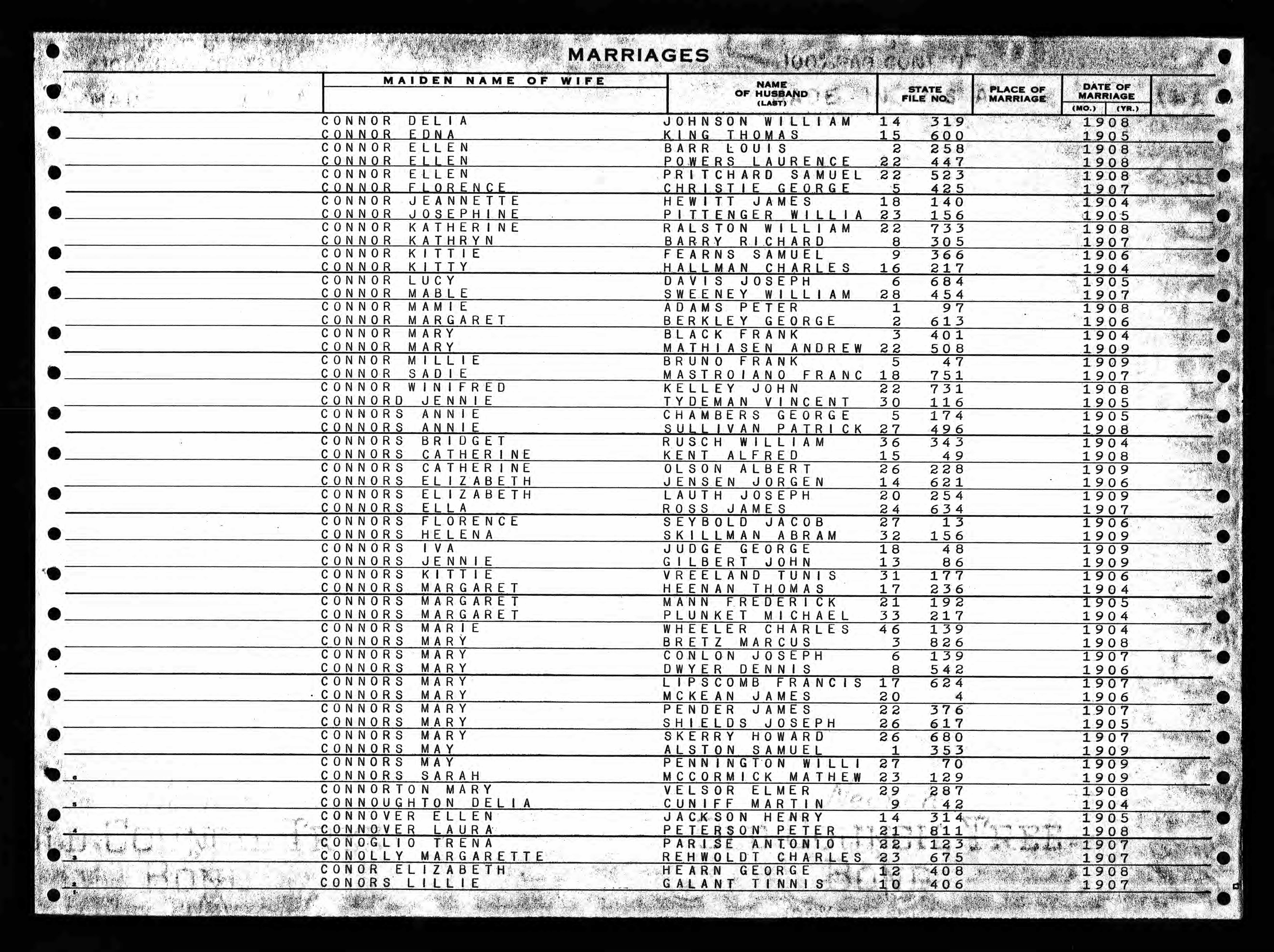 1908 New Jersey marriage index entry for Katherine Connor and William Ralston